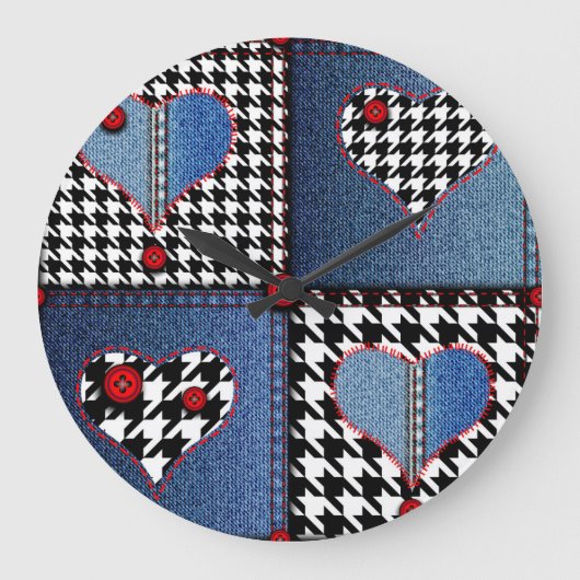 Grande Horloge Ronde Denim Patchwork : Motif en tissu transparent (Recto)