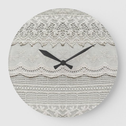 Grande Horloge Ronde Dentelle blanche subtile, gros plan textile. (Recto)