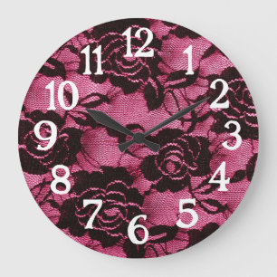 Grande Horloge Ronde Dentelle noire rose gothique