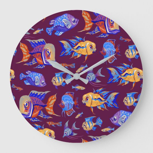 Grande Horloge Ronde Des poissons tropicaux amusants sur le violet fonc (Recto)