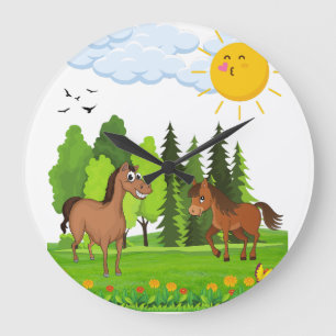 Grande Horloge Ronde Design de petits chevaux pour les enfants
