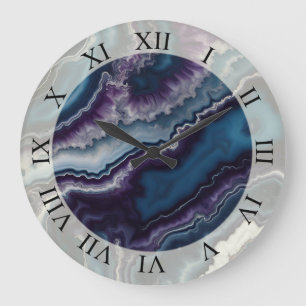 Grande Horloge Ronde Design en marbre violet bleu blanc