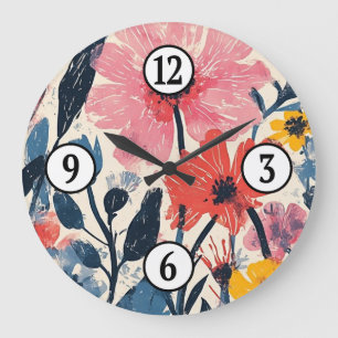 Grande Horloge Ronde Design floral moderne du milieu du siècle rétro