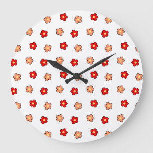 Grande Horloge Ronde Design floral rétro à fleurs blanches et rouges Wh