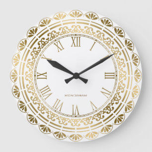 Grande Horloge Ronde Design Floral Vintage Or Et Blanc