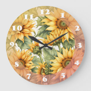 Grande Horloge Ronde Design Motif d'art Sunflower