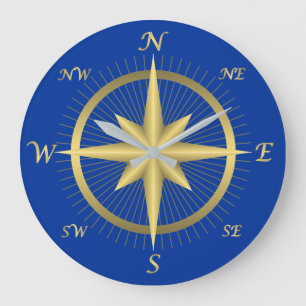 GRANDE HORLOGE RONDE DESIGN ROSE DE COMPASSE EN OR ET BLEU