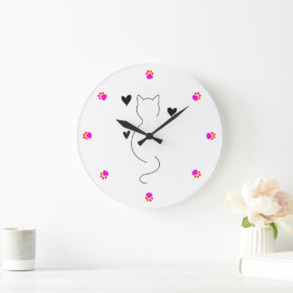 Grande Horloge Ronde Dessin au trait de chat mignon, avec trois cœurs