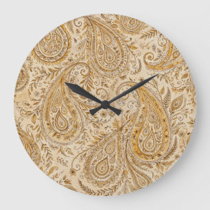 Grande Horloge Ronde Dessin Classique Chaud et Cosy Paisley Doré