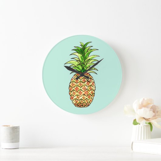 Grande Horloge Ronde dessin d'ananas aquarelle (Maison)