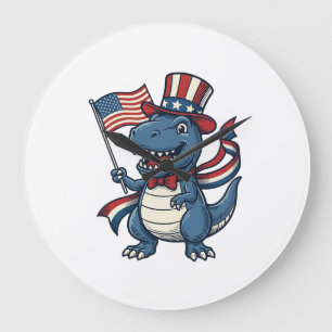 Grande Horloge Ronde Dessin de dinosaure patriotique vintage pour t-shi