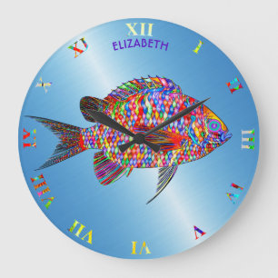 Grande Horloge Ronde Dessin de poisson Abstrait exotique couleur psych