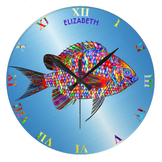Grande Horloge Ronde Dessin De Poisson Abstrait Exotique Couleur Psyche Zazzle Be