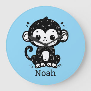 Grande Horloge Ronde Dessin de Singe Bébé mignon - Kawaii Nursery Art