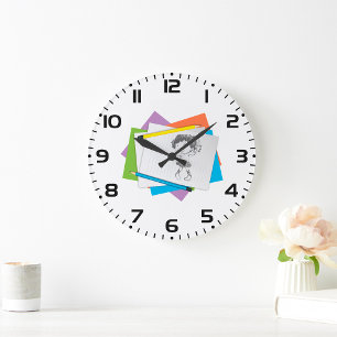Grande Horloge Ronde Dessin esquisse de fille joueuse avec crayons colo