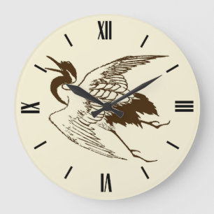 Grande Horloge Ronde Dessin japonais vintage d'une grue, Brown