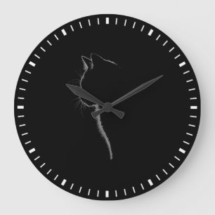 Grande Horloge Ronde Dessin minimaliste de silhouette de chat en contou