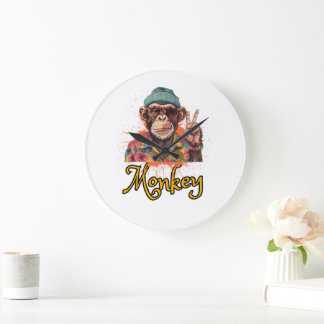 Grande Horloge Ronde Dessin Rétro Drôle de Singe Paix