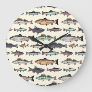 Grande Horloge Ronde Dessins de poisson vintages, motif sans soudure.