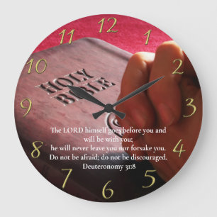 Grande Horloge Ronde Deutéronome 31:8 Bible sainte avec les mains