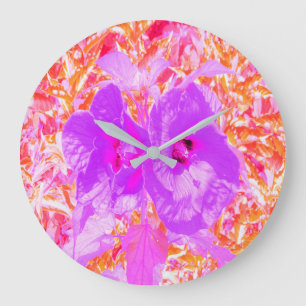 Grande Horloge Ronde Deux Hibiscus de prune violette et rose chaud