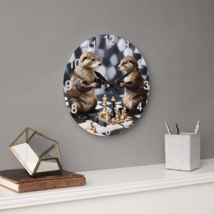 Grande Horloge Ronde Deux Otters Jouant Aux Échecs,