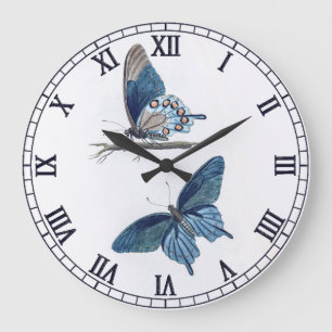 Grande Horloge Ronde Deux papillons bleus vintage
