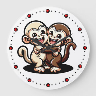 Grande Horloge Ronde Deux singes capucins s'embrassent cordialement du 