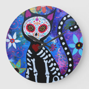 Grande Horloge Ronde Dia de los Muertos Cat El Gato Lover