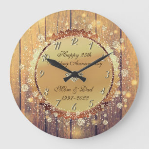 Grande Horloge Ronde Diamant en Bois Rustique 25e Anniversaire de Maria