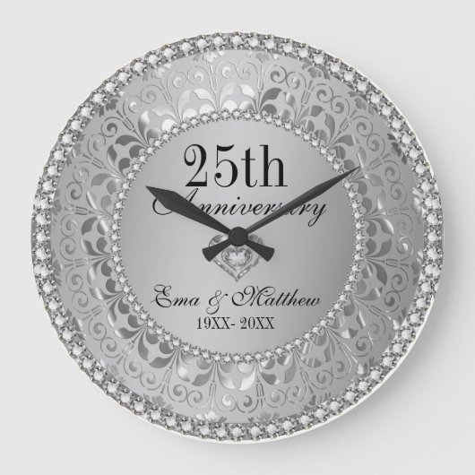 Grande Horloge Ronde Diamants & Argent 25e Anniversaire de Mariage (Recto)