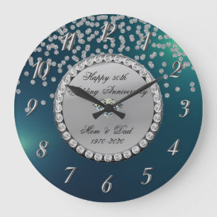 Grande Horloge Ronde Diamants d'argent Vert 25e anniversaire Mariage