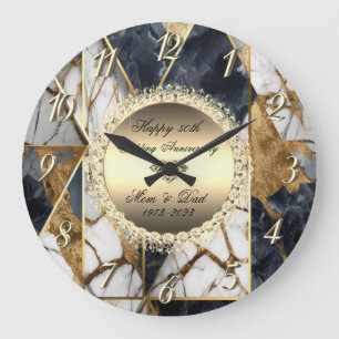 Grande Horloge Ronde Diamants Mariage Abstrait Marbre 50 ans de mariage