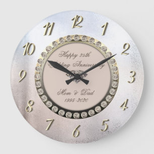 Grande Horloge Ronde Diamants Métallique 25e Anniversaire de Mariage