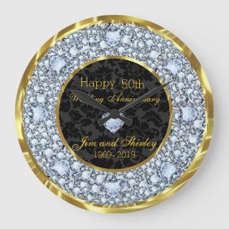 Grande Horloge Ronde Diamants, Noir et Or 50e anniversaire de Mariage