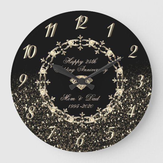 Grande Horloge Ronde Diamants Noir Pailleté 25e Anniversaire de Mariage (Recto)