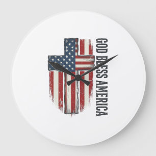 Grande Horloge Ronde Dieu bénisse l'Amérique Croix patriotique vintage