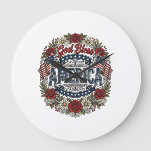 Grande Horloge Ronde Dieu Bénisse l'Amérique Floral Patriotique Vintage