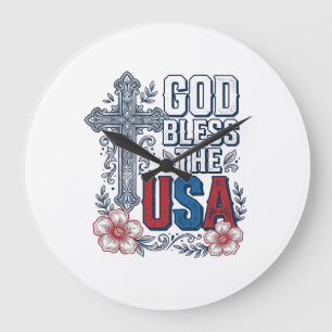 Grande Horloge Ronde Dieu bénisse les États-Unis Vintage Cross Patrioti