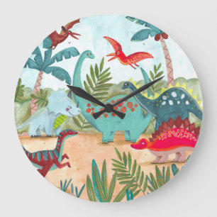 Grande Horloge Ronde Dinosaur mignon jungle préhistorique toile enfants