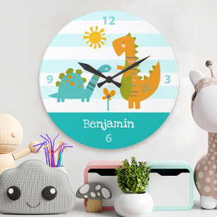 Grande Horloge Ronde Dinosaure Turquoise Nom du garçon Nursery Kawaii C
