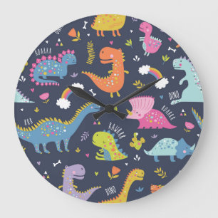 Grande Horloge Ronde Dinosaures pour enfants : Motif Vintage coloré
