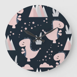 Grande Horloge Ronde dinosaures roses, arrière - plan sombre, mignonett