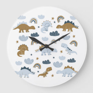 Grande Horloge Ronde dinosaures scandinaves, étoiles, arc-en-ciel illus