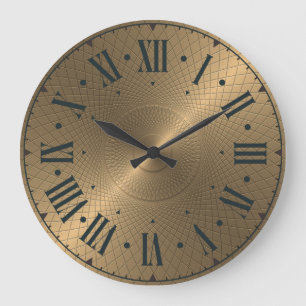 Grande Horloge Ronde Disque Métal Or Gravé Abstrait Spirale Moderne