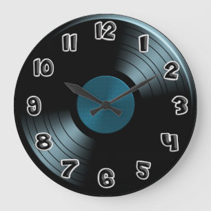 Grande Horloge Ronde disque vinyle bleu les années 70 rétro
