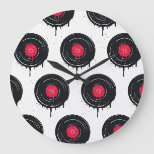 Grande Horloge Ronde disques vinyliques fondus, motif artistique.