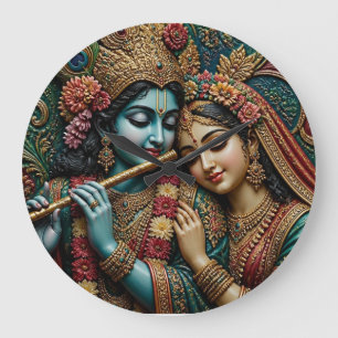 Grande Horloge Ronde Divin Krishna et Radha Art traditionnel 