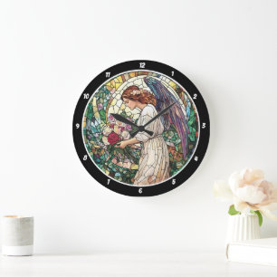 Grande Horloge Ronde Divine Rose Jardin Vitrail Angel Mur