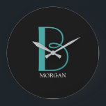 Grande Horloge Ronde DIY Large Monogram & Name, Teal/White Text, Black<br><div class="desc">Personalize this stylish and simple text design with your name in white and your large monogram in Teal on black background.</div>